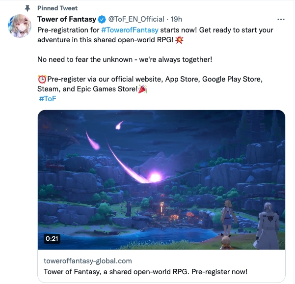 Tower of Fantasy Pre-registration tweet