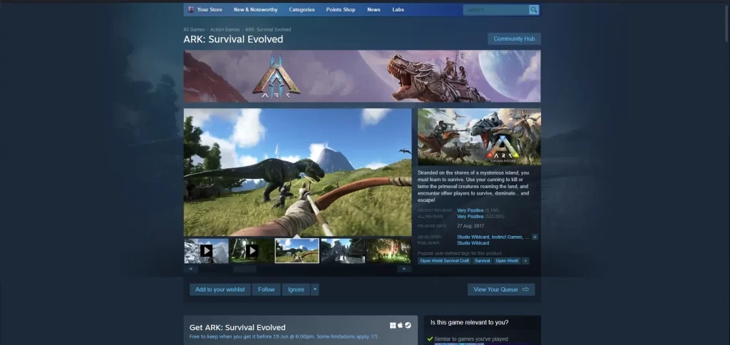 ark survival evolved steam page during the discount making it available for free
