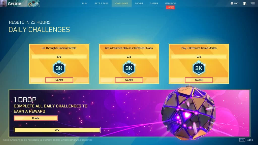 daily challenges claim rewards screen in splitgate