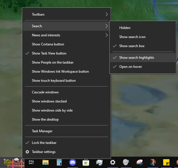 how to remove the new search bar pictures in windows 10