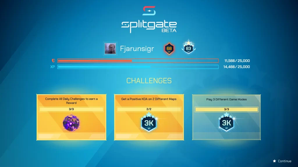 post game screen with update on daily challenge progress in splitgate