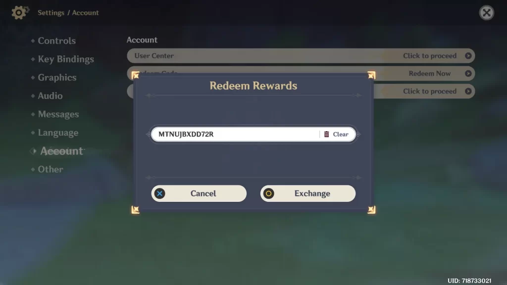 redeem rewards screen with the new primogem code for patch 2.7