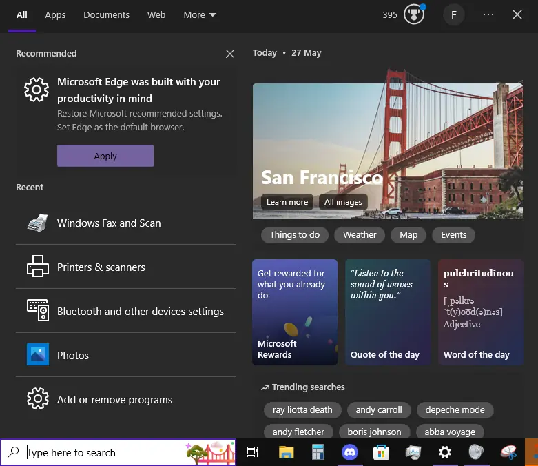 search bar highlight pictures in windows 10