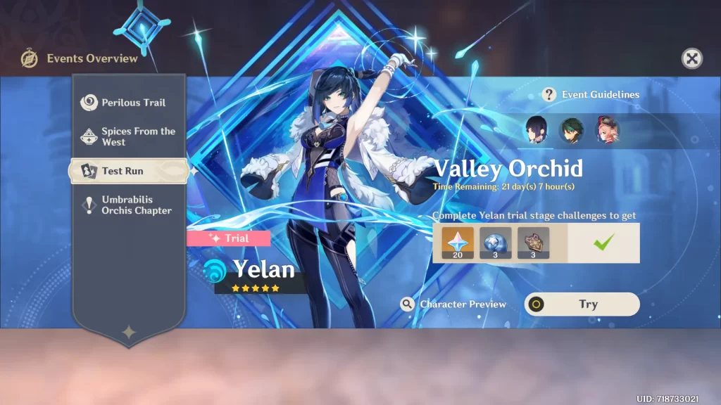 test run screen featuring yelan, yanfei and xiao in genshin impact 2.7 patch update