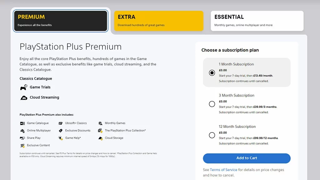 PS PLUS premium tier benefits, showing the 7 day free trial offer