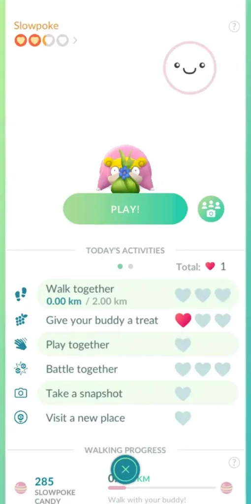 Pokemon Go buddy menu screen with play option
