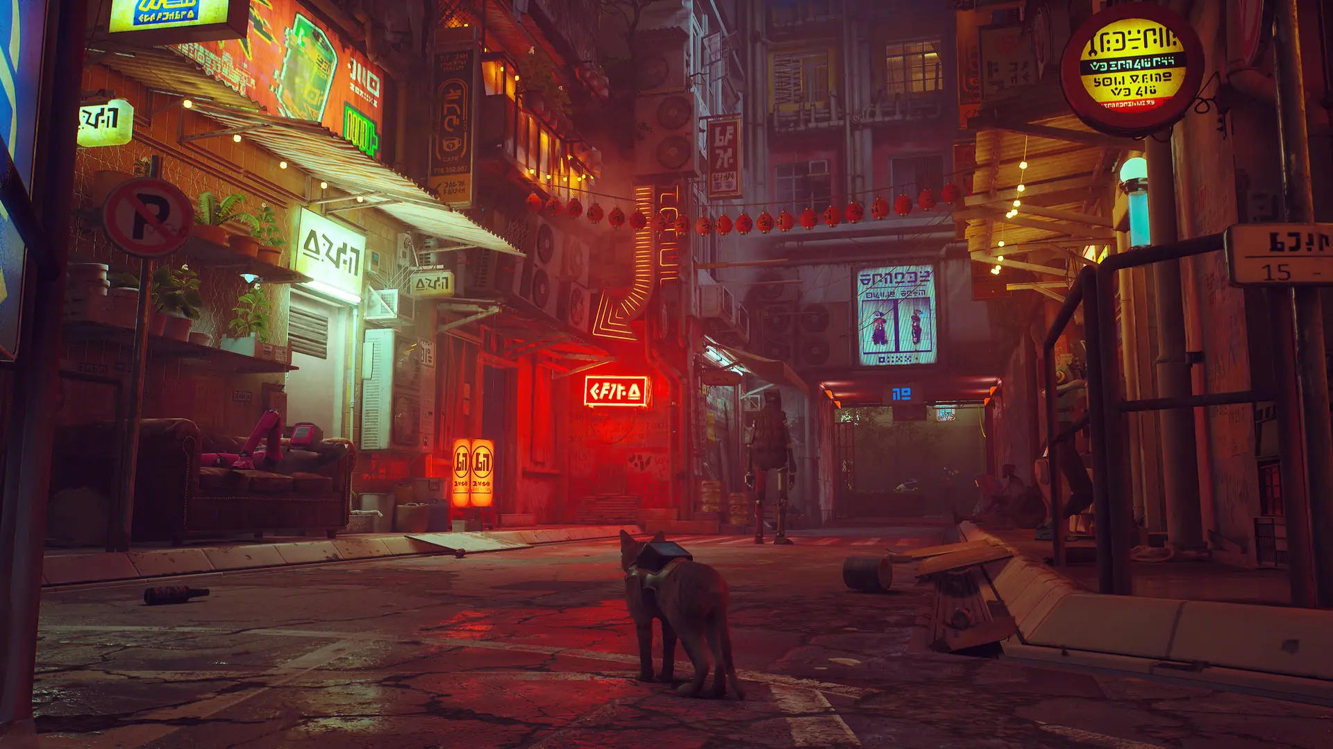 Stray, cyberpunk cat exploration game, title image for how to try stray for free