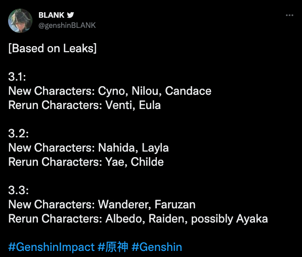 Genshin Impact version - Layla. Nahida, Wanderer, Faruzan release - Version 3.1 to Version 3.3