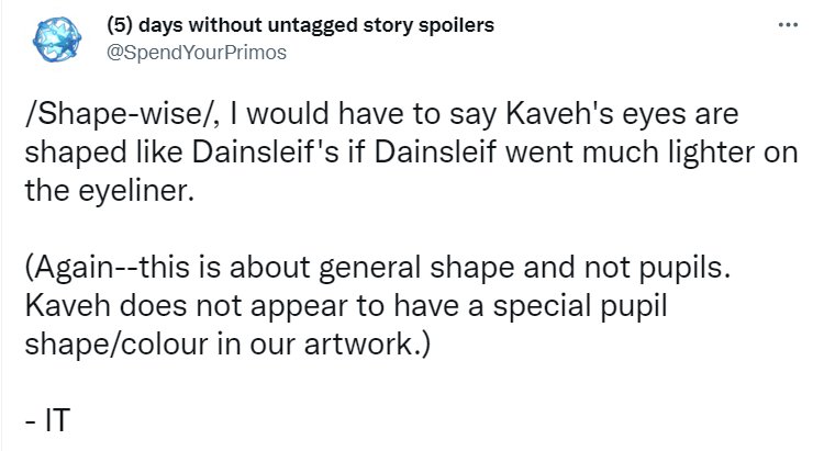 Genshin Impact - Leaker compares Kaveh's eyes to Dainsleif's - SpendYourPrimos tweet