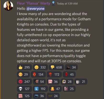 Gotham Knights 30fps Discord Announcement