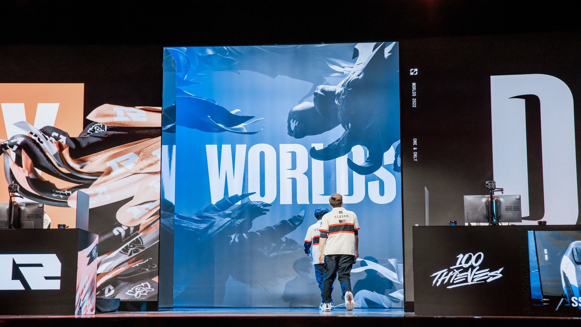100 Thieves walking offstage during Worlds Groups day eight