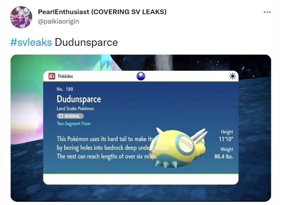 Pokémon Scarlet and Violet Leaks - Dunsparce - Dudunsparce - Twitter