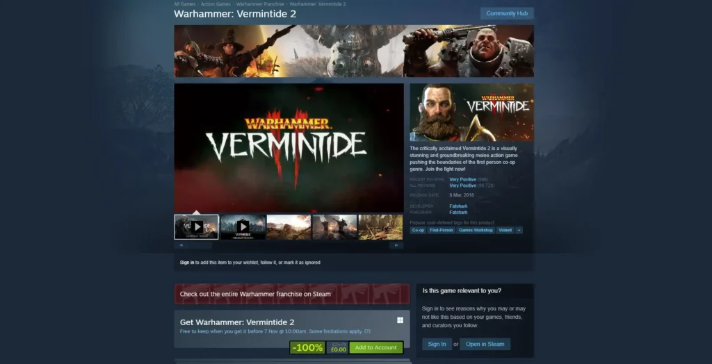Warhammer Vermintide 2 temporary promotion free to claim