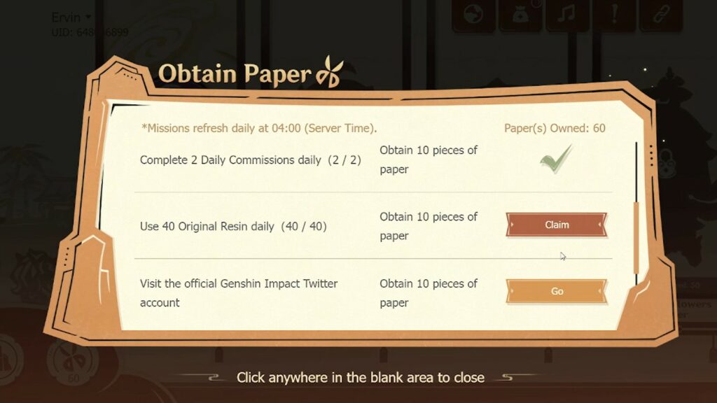 Genshin Impact - Iridescence in Papers - Collect papers by completing daily tasks