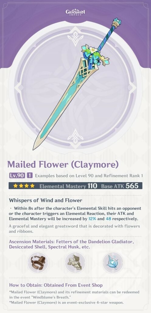 Genshin Impact - New weapons in Version 3.5 - Mailed Flower