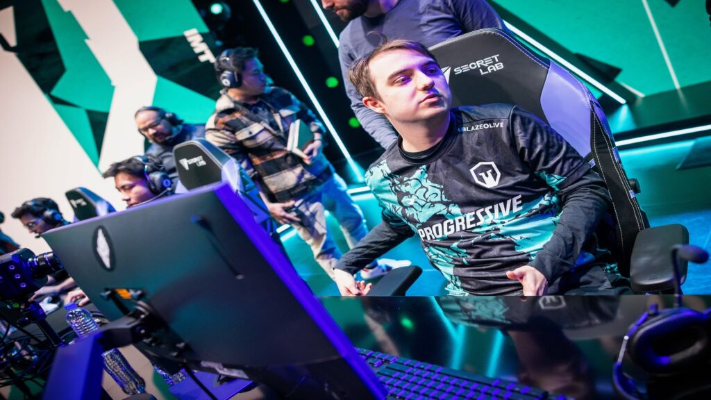 Immortals Progressive mid laner Ablazeolive on-stage during the 2023 LCS Spring Split day four