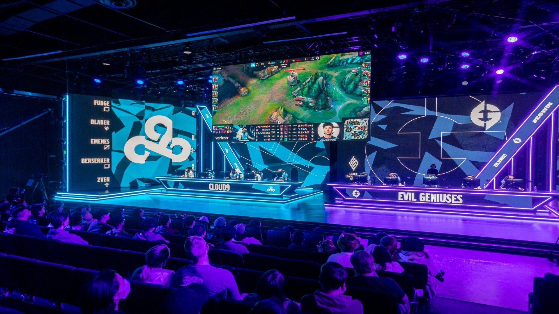 The fan view of the stage during the 2023 LCS Spring Split day fourteen