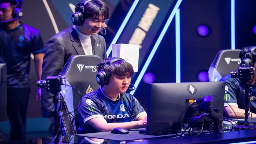 Team Liquid Honda's Jungler and coach on-stage during the 2023 LCS Spring Split day fifteen