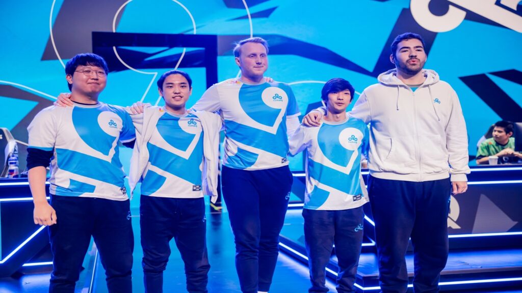 Cloud9's LCS team on stage during the 2023 LCS Spring Split day sixteen