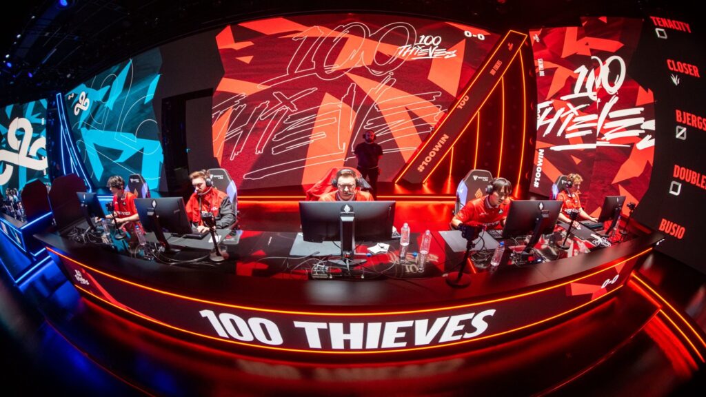 100 Thieves LCS roster on stage during the 2023 LCS spring split day twelve