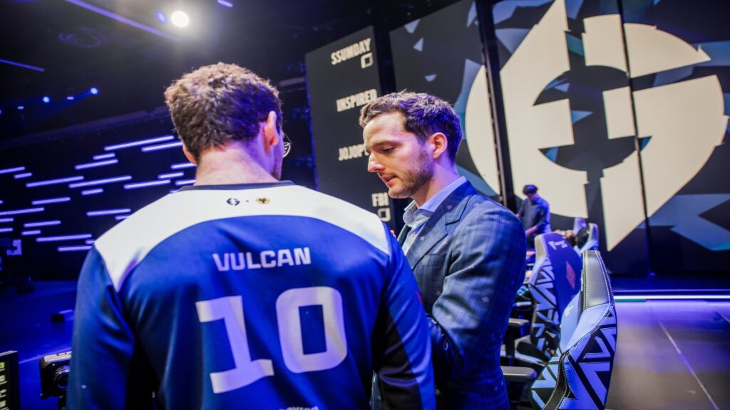 Vulcan and Freeze on-stage during the 2023 LCS Spring Playoffs round two